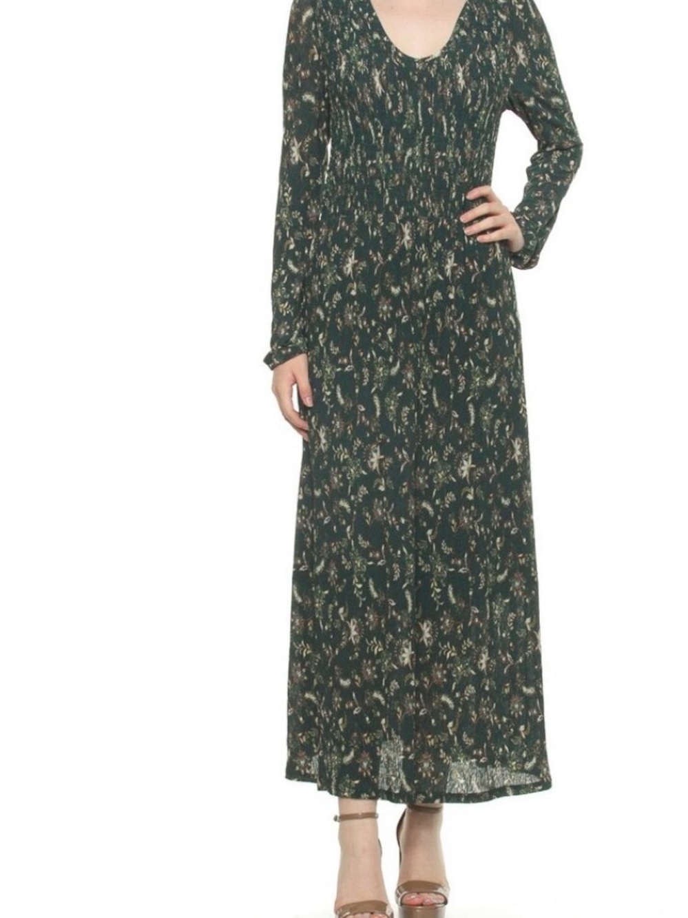 Dex Dark Green Floral Long Sleeve Maxi Dress